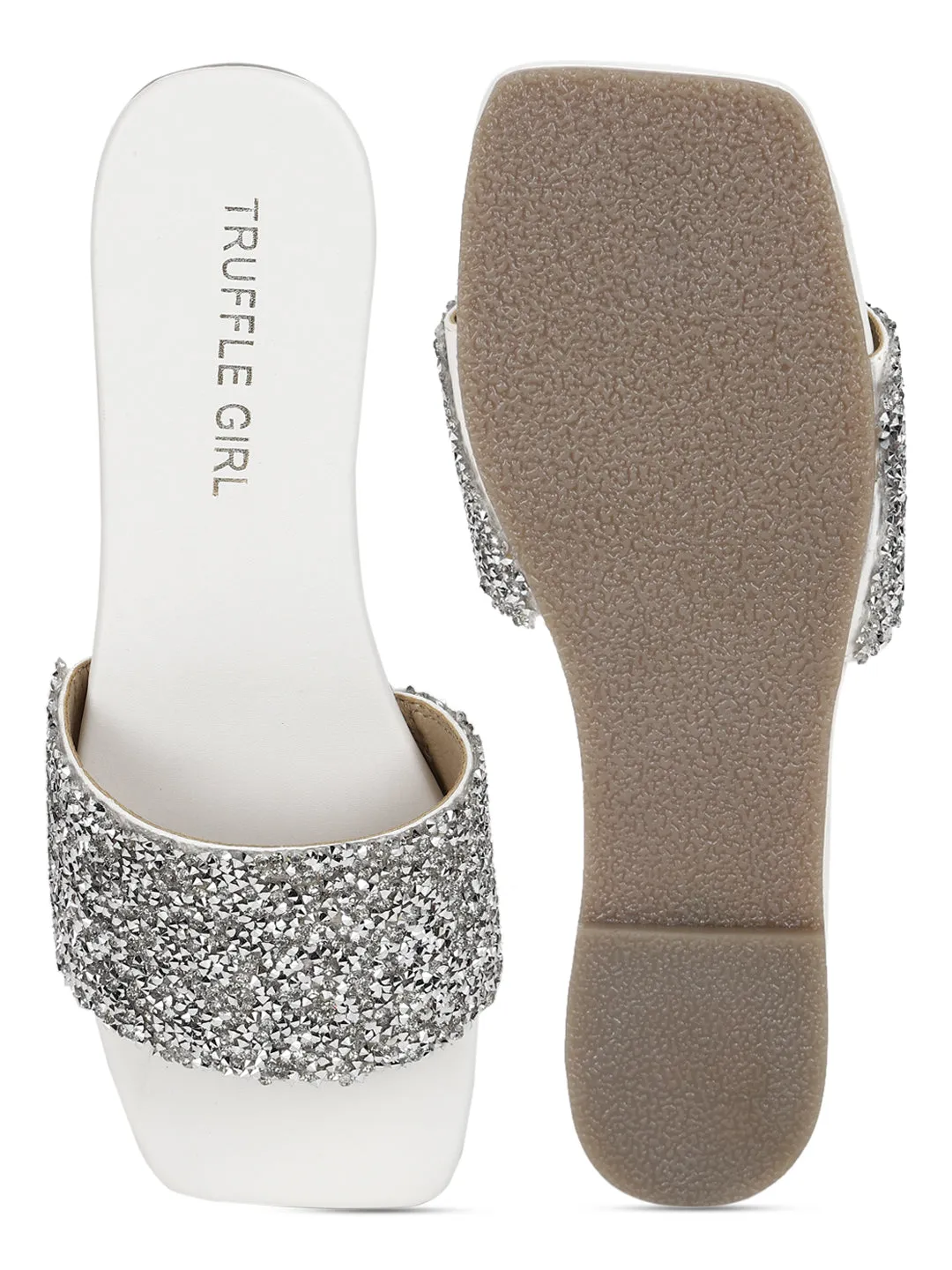Weiße PU Glitzer-Slipper mit Strassbesatz (TC-ST-1211-WHT)