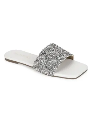 Weiße PU Glitzer-Slipper mit Strassbesatz (TC-ST-1211-WHT)