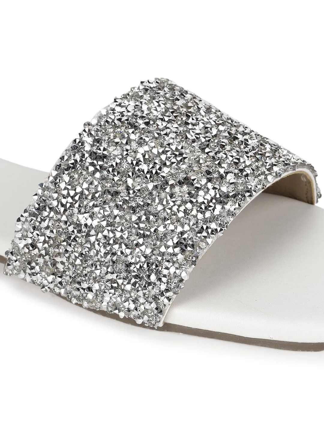 Weiße PU Glitzer-Slipper mit Strassbesatz (TC-ST-1211-WHT)