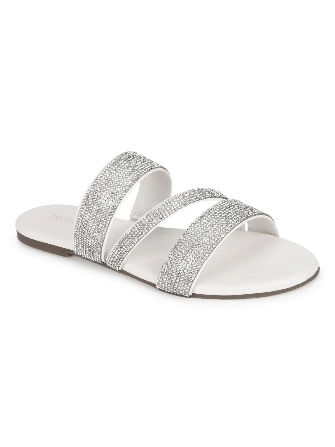 Weiße PU Riemchen-Slipper mit Strass (TC-ST-1214-WHT)