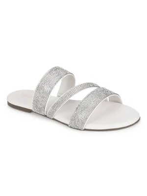 Weiße PU Riemchen-Slipper mit Strass (TC-ST-1214-WHT)