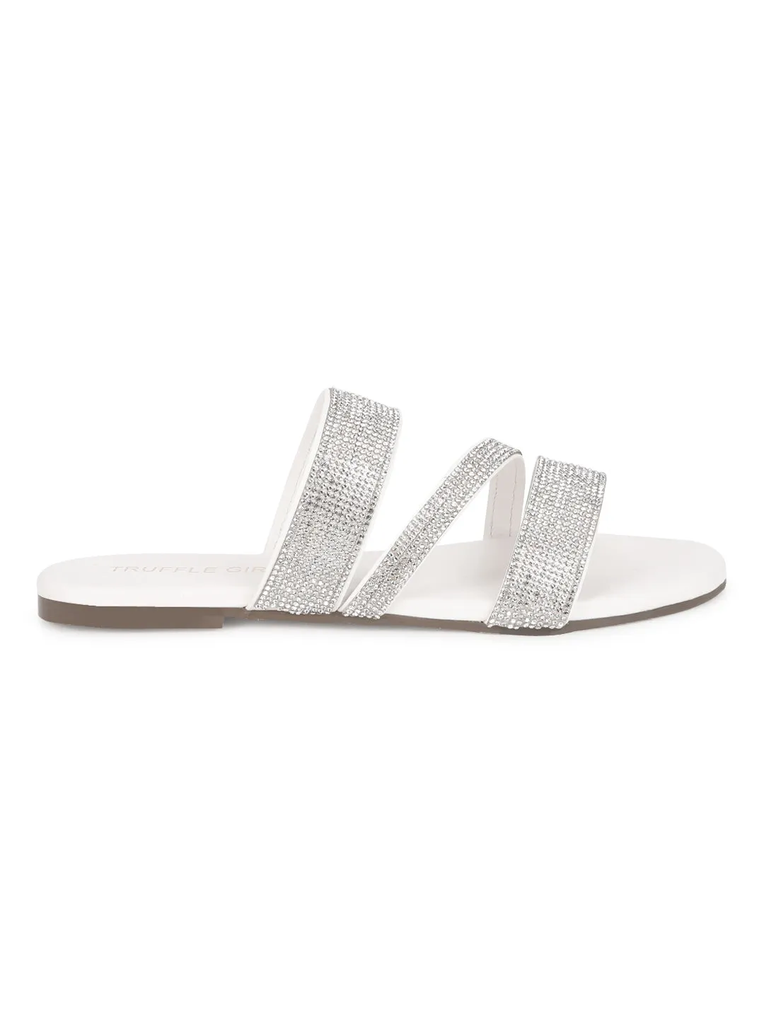 Weiße PU Riemchen-Slipper mit Strass (TC-ST-1214-WHT)