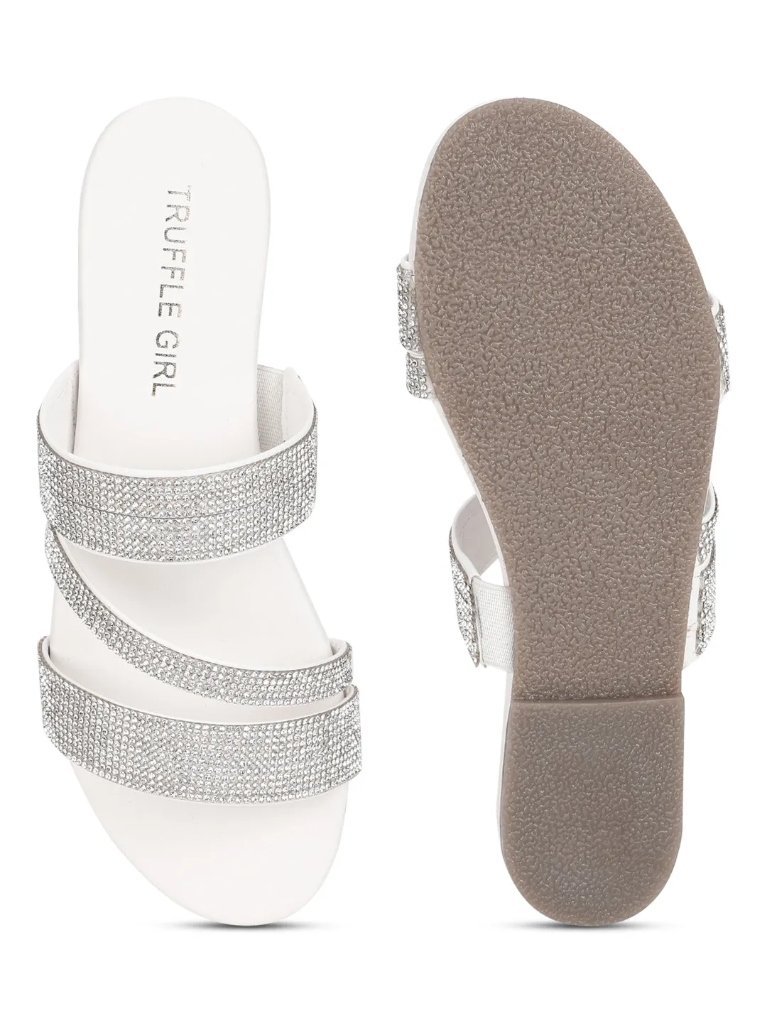Weiße PU Riemchen-Slipper mit Strass (TC-ST-1214-WHT)