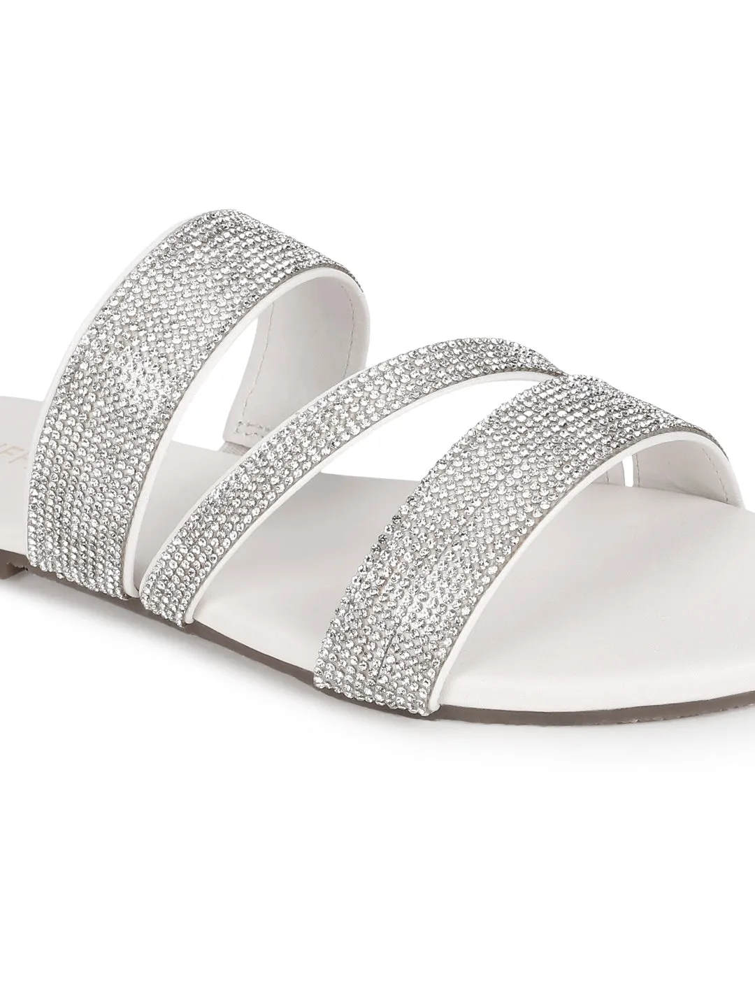 Weiße PU Riemchen-Slipper mit Strass (TC-ST-1214-WHT)